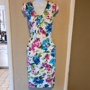 Adrianna Papell Blue Pink Floral Sheath Dress with Scoop Neck